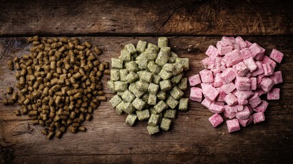 Nutritious Horse Food: Pelleted Feed, Green Alfalfa Cubes, and Tasty Pink Peppermint Treats on Rustic Table