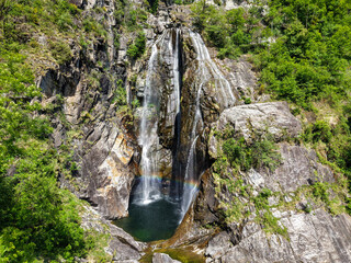 Drone view at the waterfall of Maggia in the italian part of Switzerland
