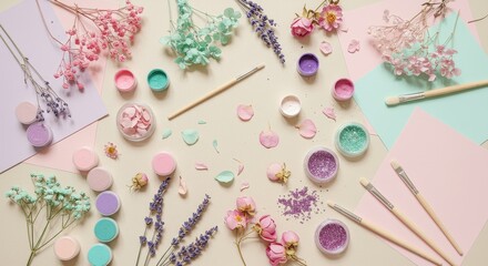 Pastel floral arrangement with craft supplies for creative projects concept