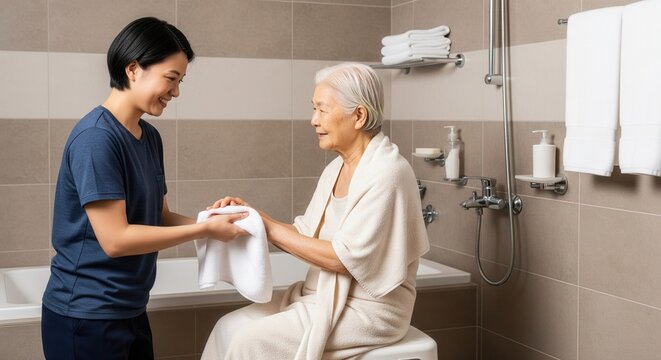 Caregiver helping elderly woman with bathing in a modern bathroom - Powered by Adobe