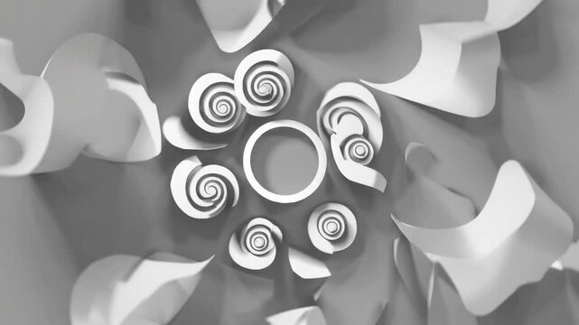 An abstract animation of rotating white spirals arranged in symmetrical array