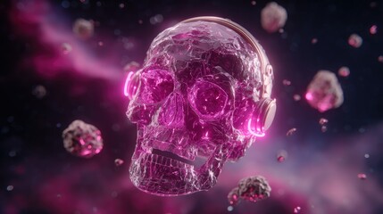 Glowing Pink Skull In Space With Headphones