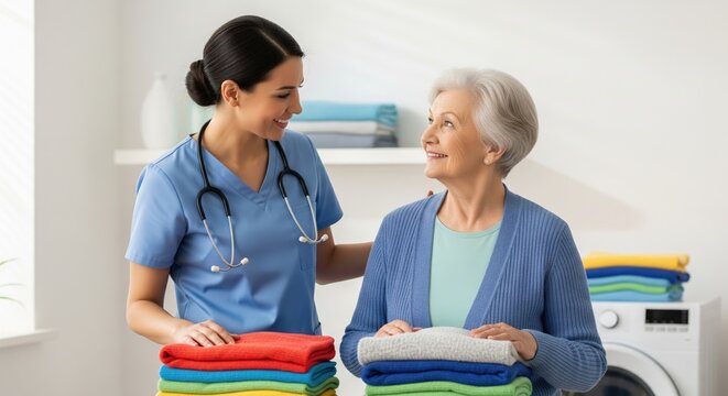 Nurse assisting elderly woman folding colorful laundry in bright room - Powered by Adobe