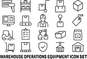 Vector icon set of warehouse operations and equipment – includes forklifts, pallets, shelves, boxes, inventory, loading, logistics, and storage tools in flat style.

