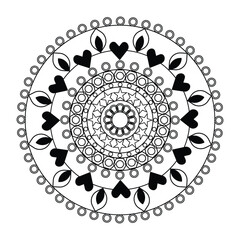 Intricate black and white mandala with heart motifs