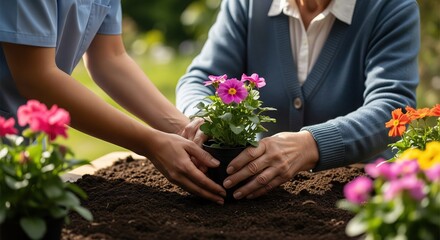 Hands of young nurse and elderly woman planting pink flowers in garden