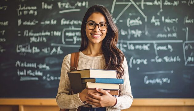 Confident Student with Books, Smiling against Chalkboard of Math Equations