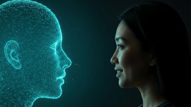 Elegant young Asian woman talking with a futuristic holographic human head against a dark background.