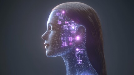 AI woman in profile with transparent skin showing microchip clusters and neural link nodes. Purple and blue tones with soft ambient glow around the head. glowing woman, transparent skin, microchip 