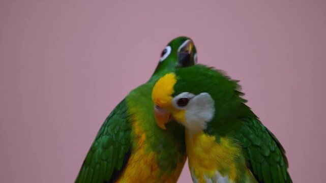 Two colorful caique parrots perched closely together on soft pink background