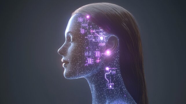 AI woman in profile with transparent skin showing microchip clusters and neural link nodes. Purple and blue tones with soft ambient glow around the head. glowing woman, transparent skin, microchip 