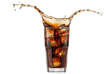 Cola splashing out of a glass with ice cubes isolated on white background