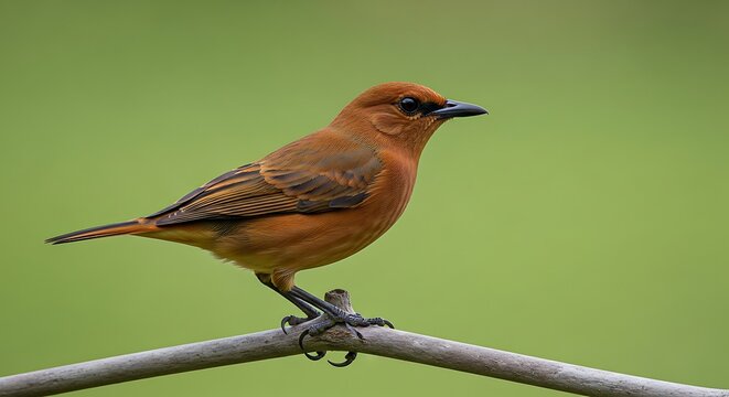 Close-up image of a rufous hornero perched gracefully on a branch against a soft green background