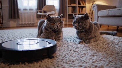 Two British cats curiously observing robot vacuum cleaner in action.