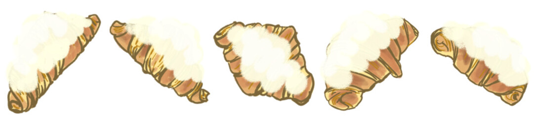 Hand-drawn Sweet Icing Croissant Clipart Set in Soft Pastel Style for Cafe Menu, Bakery Decoration, or Cozy Morning Projects