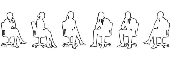 Silhouettes of different business people, men and women sitting in office chairs with phone. set of sitting people man woman silhouette vector on white background eps 10
