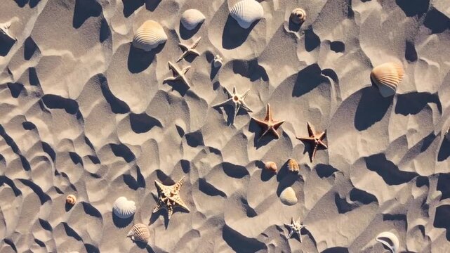Coastal Scene: Seashells and Starfish on Sandy Beach with Dunes