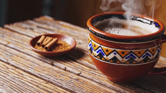 Authentic Mexican caf&eacute; de olla served in traditional handmade clay mug atop rustic wooden table