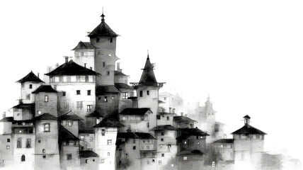 Obraz premium A monochrome fantasy cityscape with numerous detailed buildings clustered on a white background.