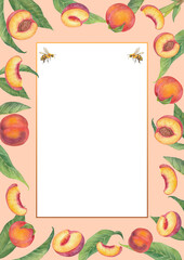 Wedding and birthday peach invitation card. Design template of fruits, flowers and leaves, blossom illustration. 
