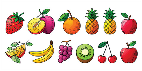 Vibrant Assortment of Fresh Fruits A Colorful and Delicious Still Life Featuring Strawberry, Plum, Orange, Pineapple, Apple, and Other Fruits