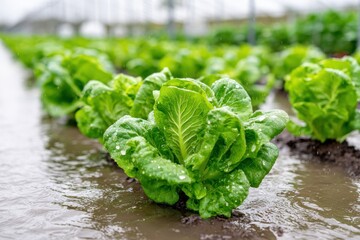 Fresh green lettuce growing in a field, water flows between rows of lettuce, rain falling on lettuce leaves in the field.