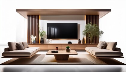 a modern media room with a large flat screen tv mounted on a floating wall unit modular seating and ambient lighting isolated on a pristine white background
