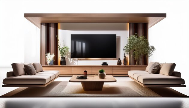 a modern media room with a large flat screen tv mounted on a floating wall unit modular seating and ambient lighting isolated on a pristine white background