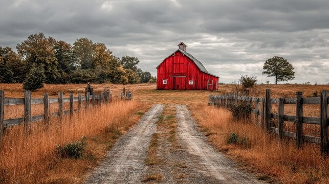 Pathway Leading to the Large, Crimson Barn with an Open Door and Cupola Surrounded by Rural Fences