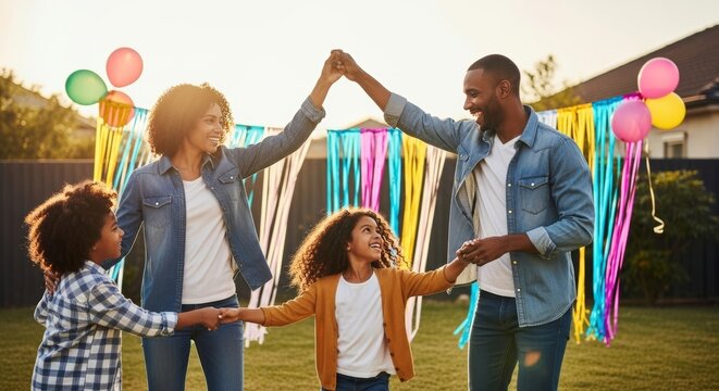 A vibrant candid shot of a 30-year-old interracial family dancing together in a sunny backyard, with colorful streamers and balloons in the background.