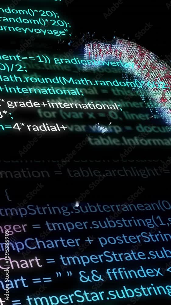 Poster programming code over animation of human face, representing cybersecurity and data protection