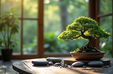 Tranquil Bonsai Tree Zen Garden Sunlight Window Shelf ai generated