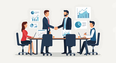Business Meeting Success Handshake Deal, Chart Analysis, Collaboration, and Financial Growth Illustration