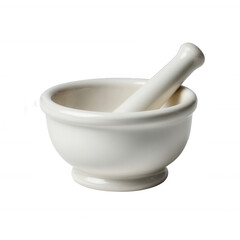 A white ceramic mortar and pestle isolated on a white background, perfect for grinding herbs, spices, or preparing ingredients in a kitchen.