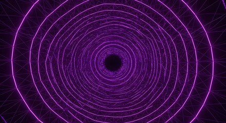 Abstract tunnel of glowing purple concentric circles receding into a dark vanishing point, creating a sense of depth and perspective.