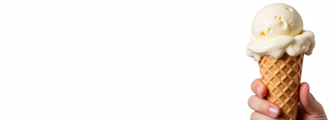 Delicious ice cream cone held in hand, creamy texture, sweet treat, dessert, summer delight, indulgent flavor