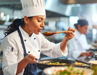 A focused chef in a commercial kitchen, tasting a dish with a wooden spoon.