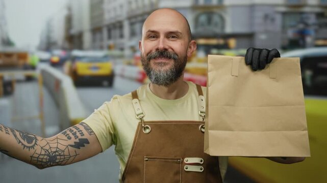Man with beard and gloves holding paper bag on busy urban street, smiling confidently amidst city traffic, showcasing delivery concept outdoors in vibrant town setting.