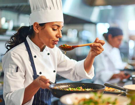 A focused chef in a commercial kitchen, tasting a dish with a wooden spoon.