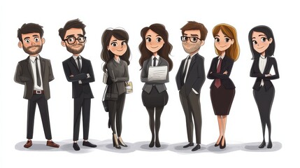 Group of diverse business professionals in formal attire, standing confidently in a line, showcasing teamwork and collaboration in a modern corporate environment