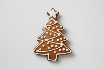 A festive gingerbread christmas tree cookie decorated with white icing on white background