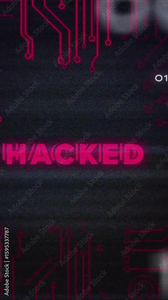 Poster Hacked text animation over circuit board design with binary code