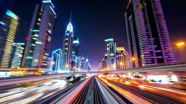 Timelapse POV footage from the front of a Dubai Metro train gliding through the city at night, alongside Sheikh Zayed Road. Light trails from vehicles, glowing skyscrapers, and modern architecture dom