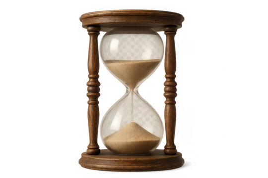 Classic wooden hourglass with sand falling, symbolizing time passing, isolated on transparent background