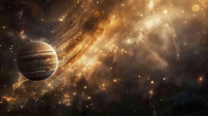 The planet Jupiter in outer space among the stardust. World Astronomy Day.