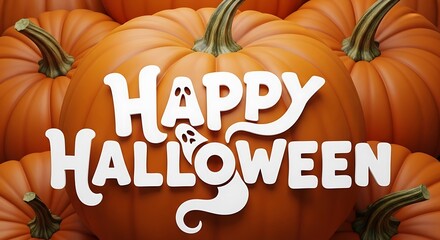 A festive "Happy Halloween" message with ghost accents overlaid on a background of bright orange pumpkins.
