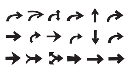 Diverse Collection of Black Arrow Illustrations Demonstrating Various Directions and Styles for Design and Wayfinding Purposes, All Isolated on White