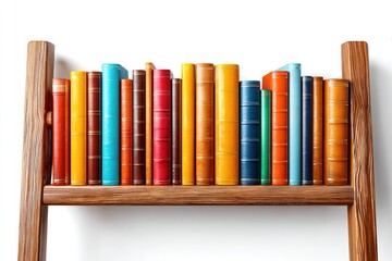 Colorful books lined up on a wooden shelf.