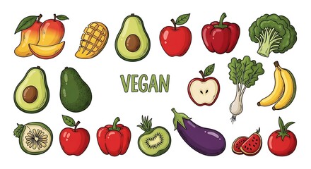 Colorful Vegan Food Illustration Featuring Various Fruits and Vegetables Collage