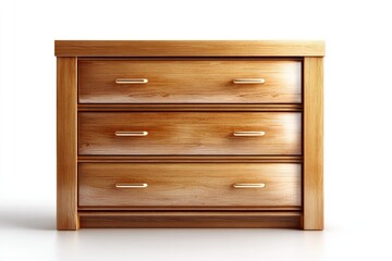 Three-drawer wooden chest isolated on white background.